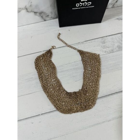 Crocheted chainmail bib necklace, Cleopatra Gold Mesh Collar Necklace - Picture 9 of 12